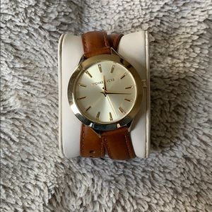Gold MK Watch with Brown Leather Wrap Band